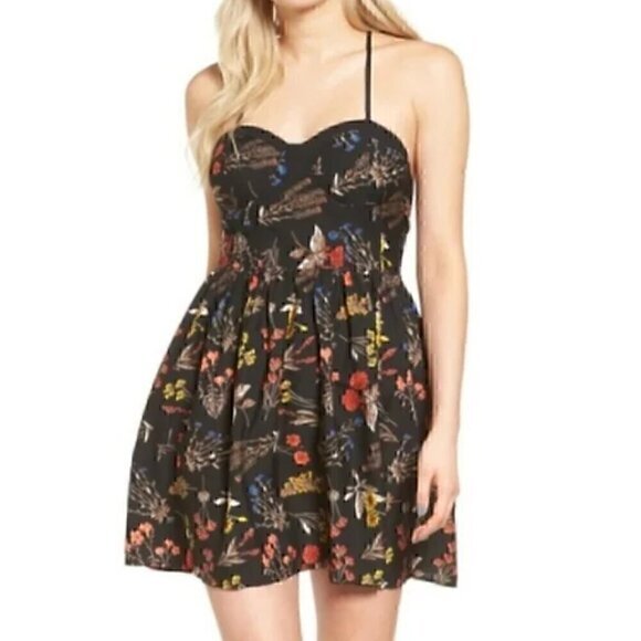 NEW NWT BOG COLLECTIVE BAND OF GYPSIES Red Navy Blue Floral Bustier Mini Dress M - Picture 3 of 15